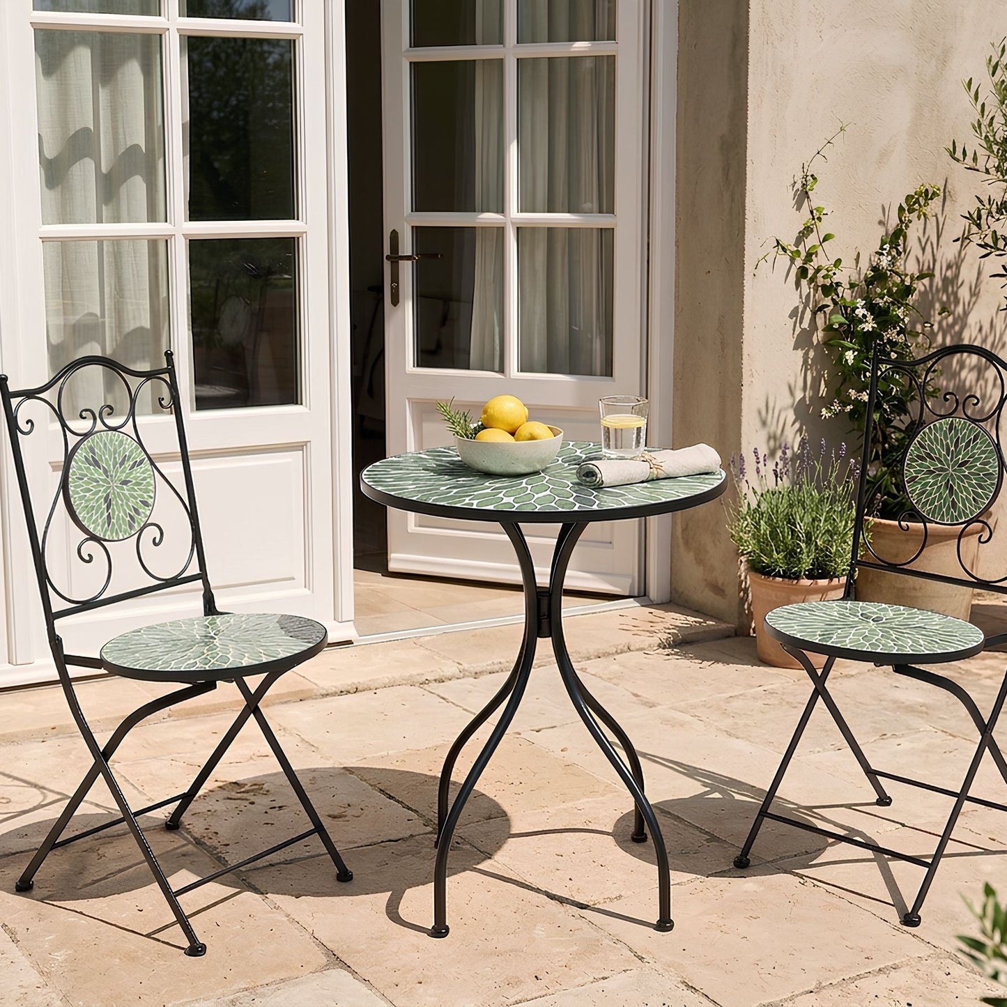 Black Iron Round Mosaic Ceramic Tiles Bistro Set Folding Two Chairs Outdoor Patio Table Deluxe