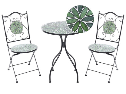 Black Iron Round Mosaic Ceramic Tiles Bistro Set Folding Two Chairs Outdoor Patio Table Deluxe