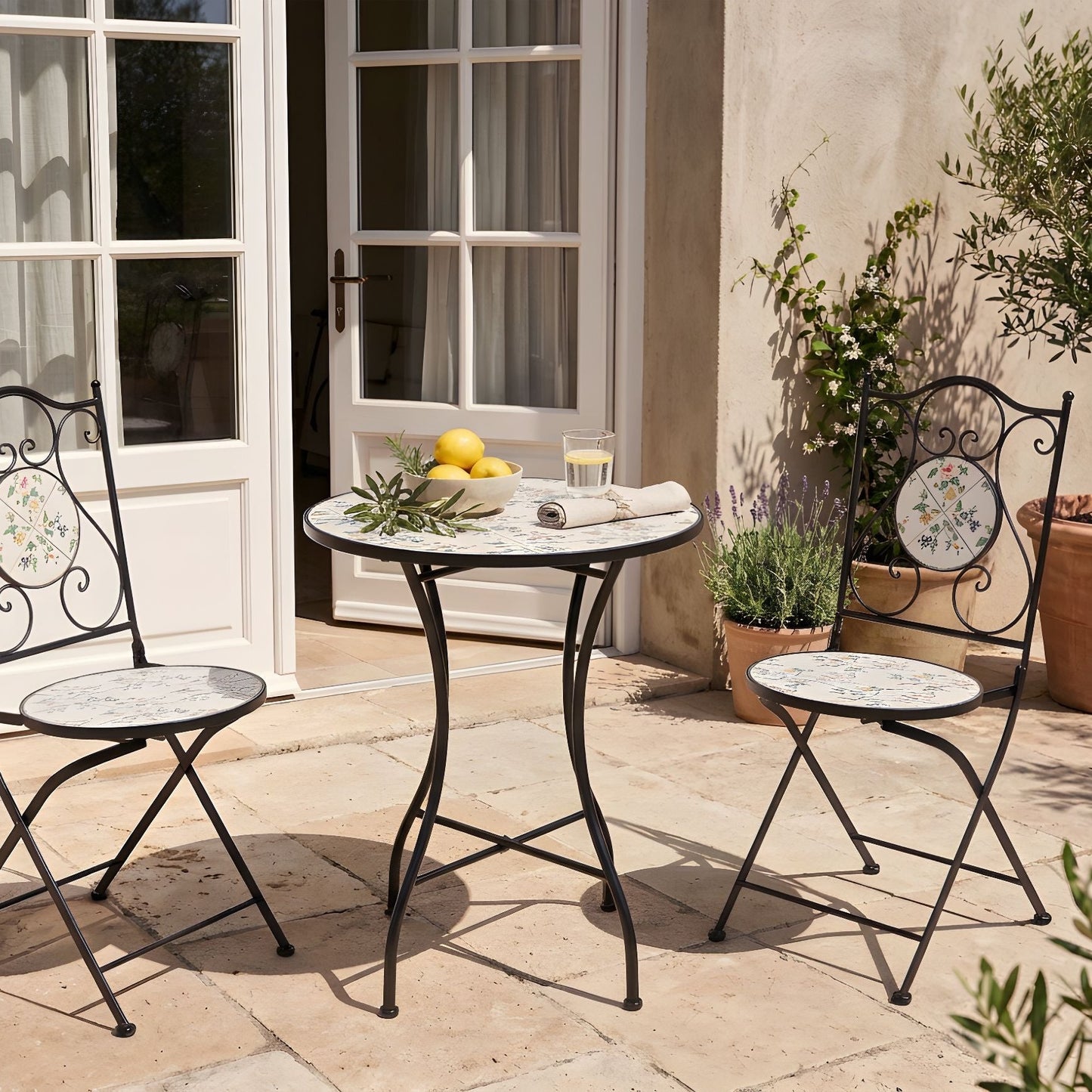Bistro Set Black Round Mosaic Ceramic Tiles Folding Chairs