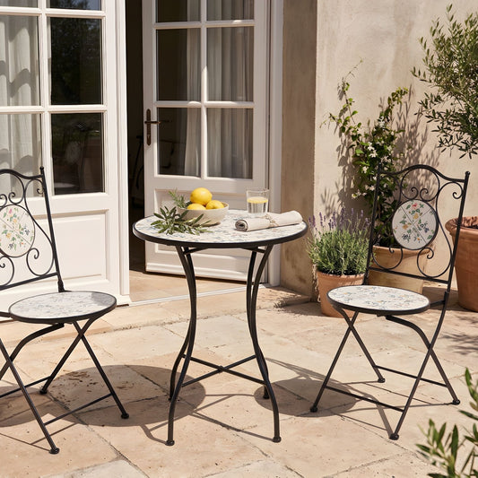 Bistro Set Black Round Mosaic Ceramic Tiles Folding Chairs