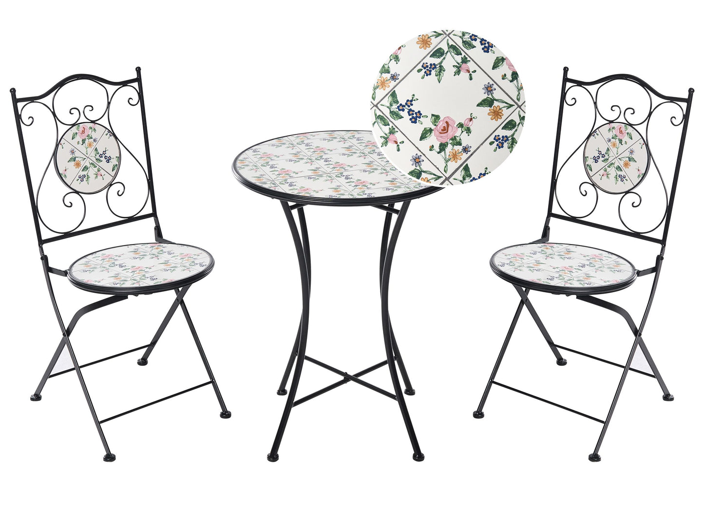 Bistro Set Black Round Mosaic Ceramic Tiles Folding Chairs