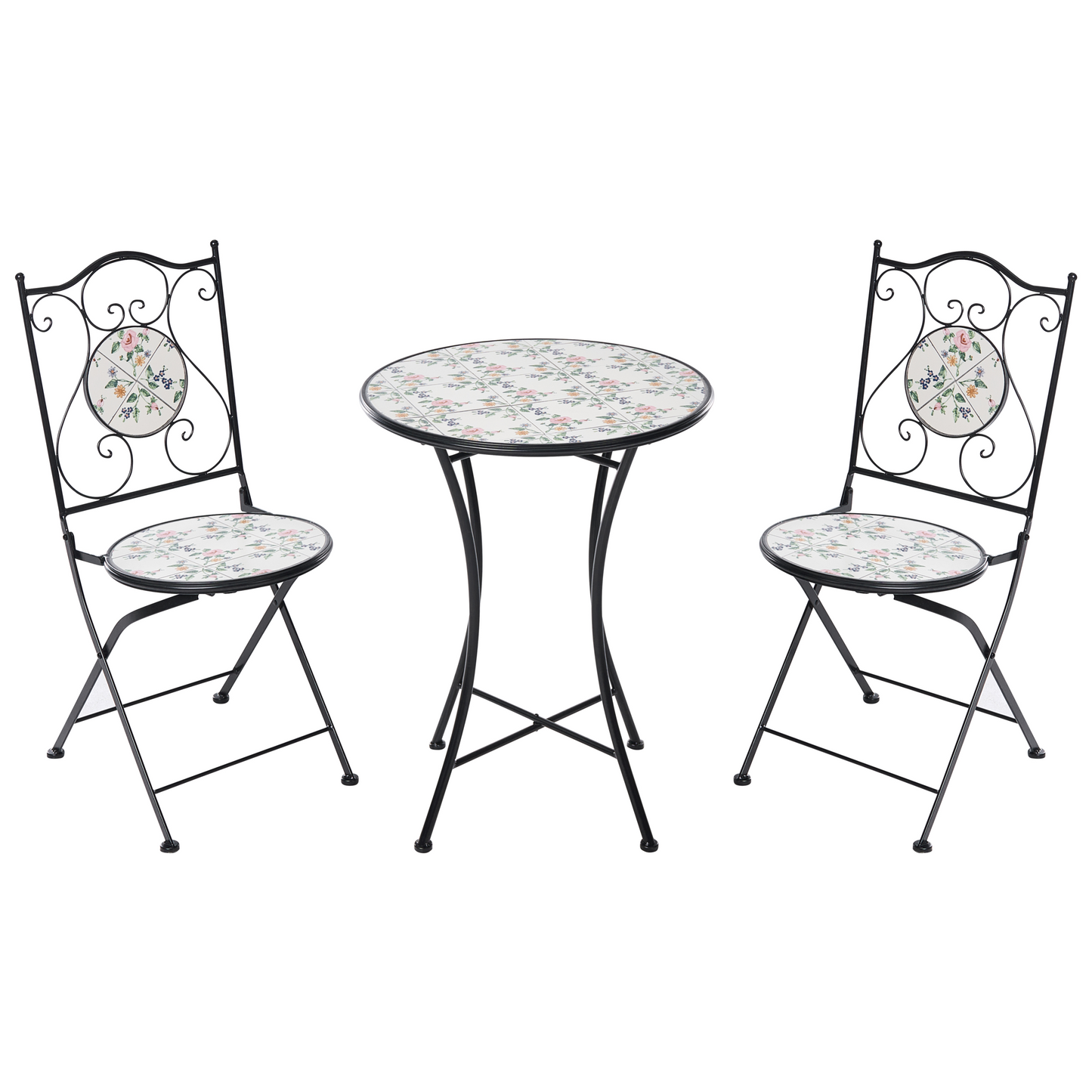 Bistro Set Black Round Mosaic Ceramic Tiles Folding Chairs
