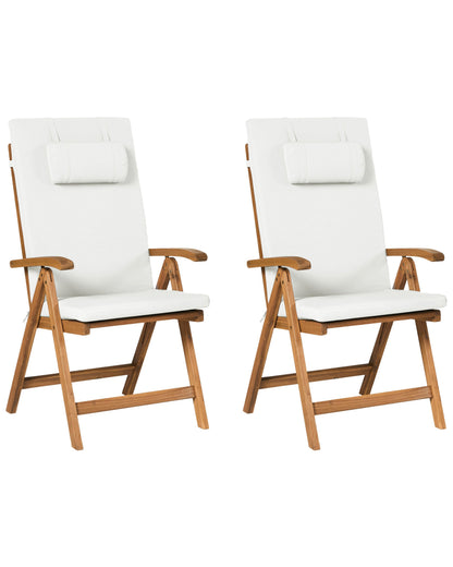 Rustic Set Of 2 Light Acacia Wood Garden Chairs With Off White Cushions Foldable UV Resistant