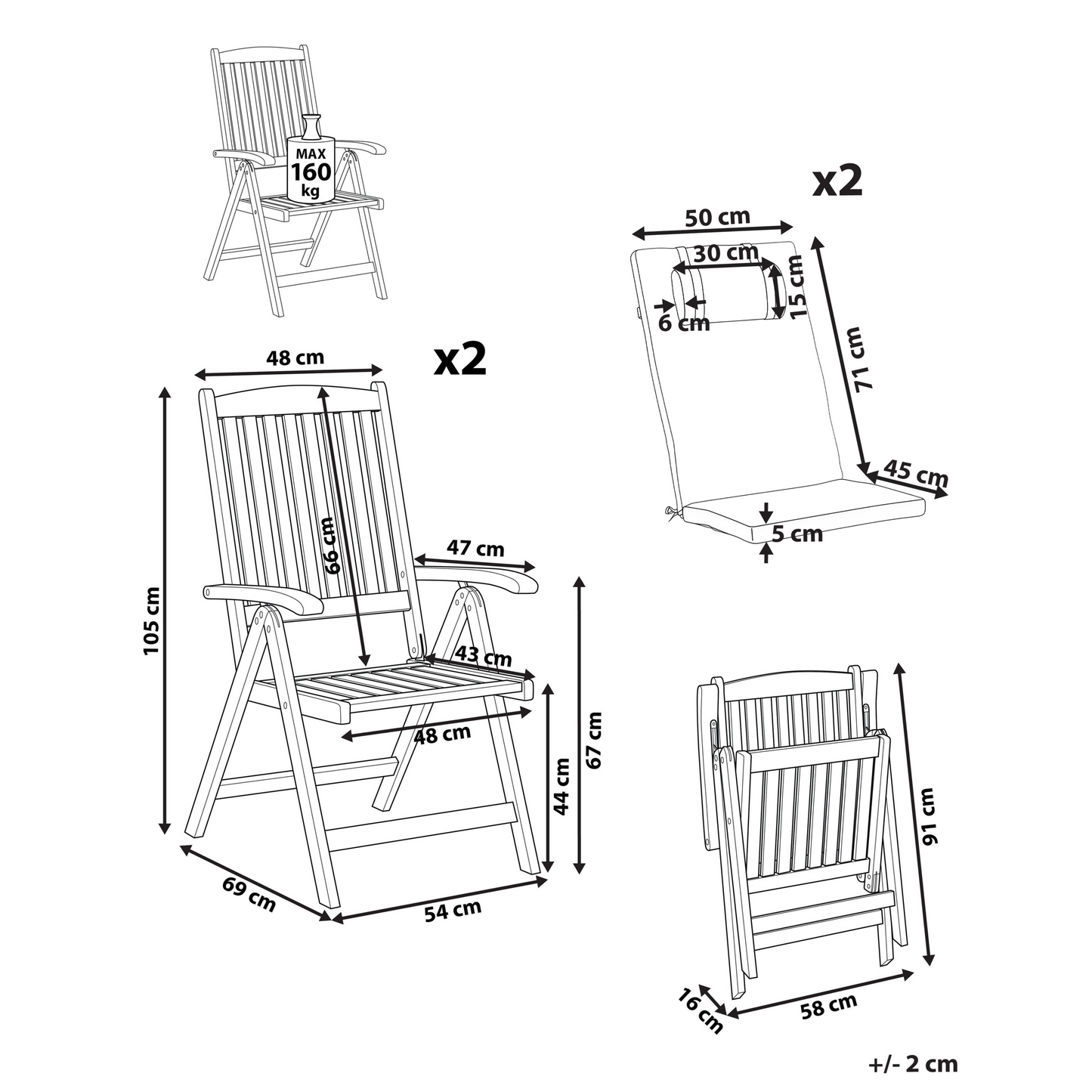Rustic Set Of 2 Light Acacia Wood Garden Chairs With Off White Cushions Foldable UV Resistant