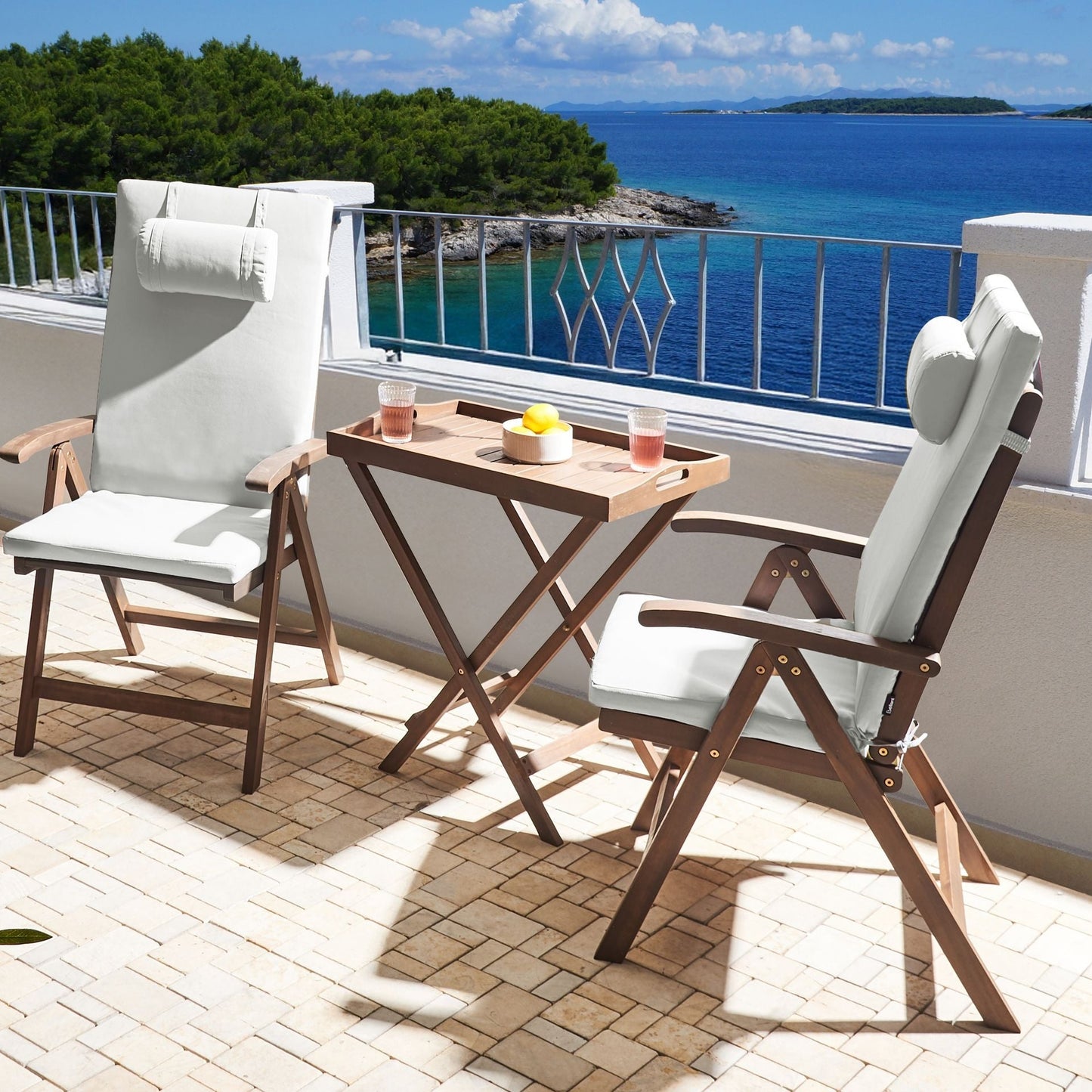 Acacia Wood Bistro Set Off White Cushions Folding Chairs