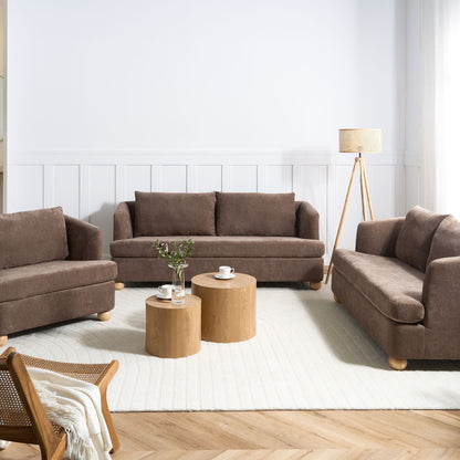 6 Seater Brown Chenille Sofa Set With Round Wooden Legs