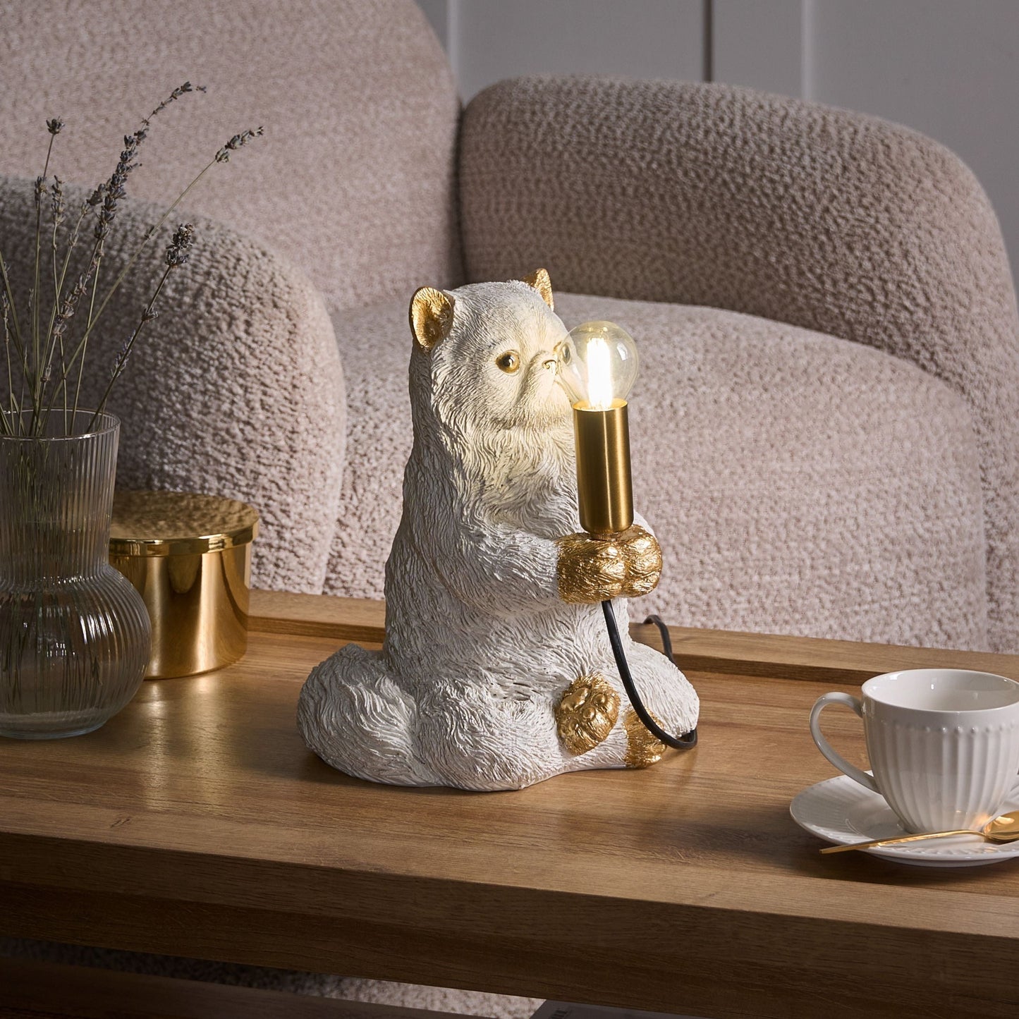 Cat Table Lamp White Polyresin Bedside Light Glam Style