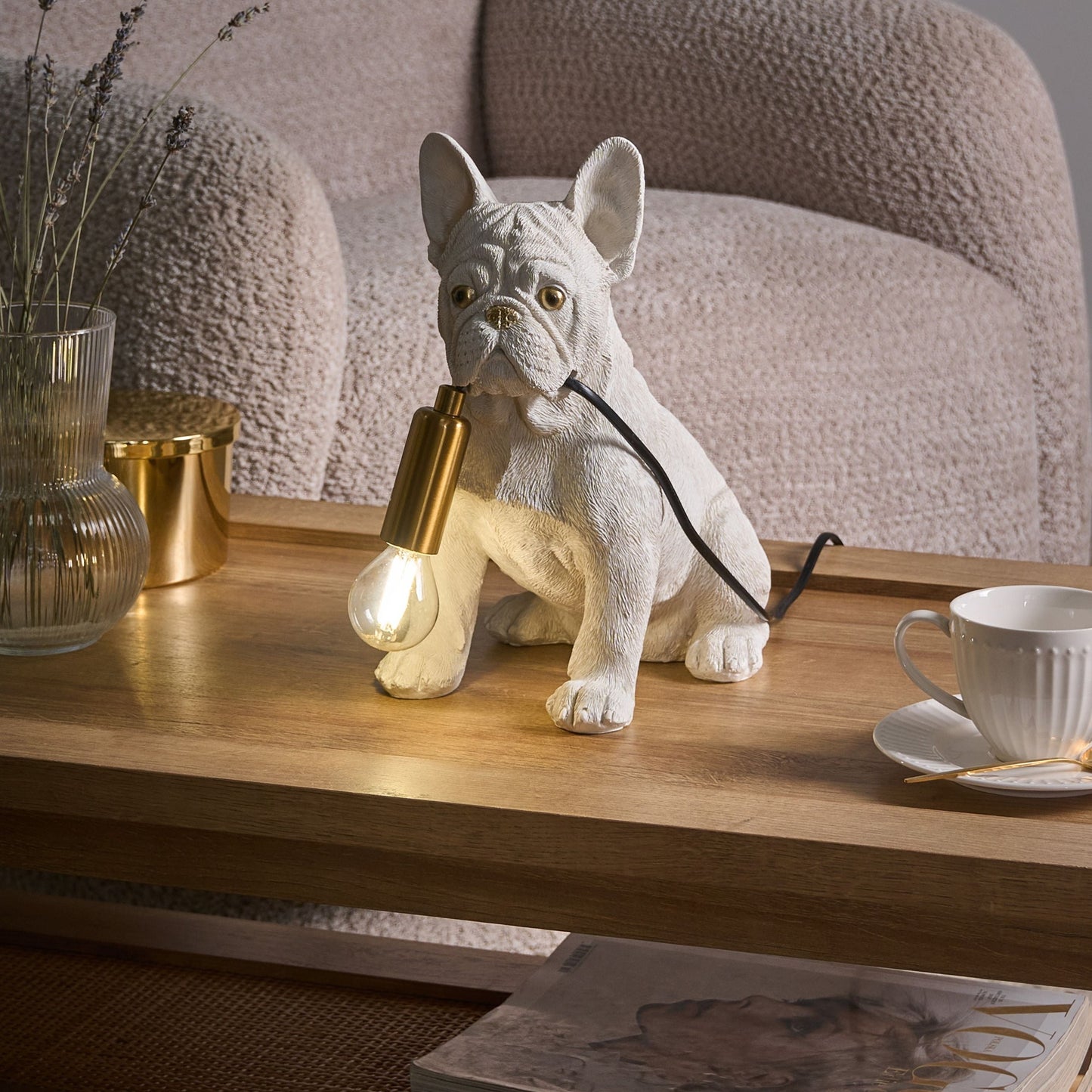 Bulldog Table Lamp White Polyresin Gold Eyes