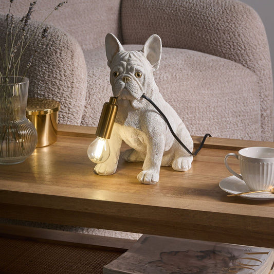 Bulldog Table Lamp White Polyresin Gold Eyes