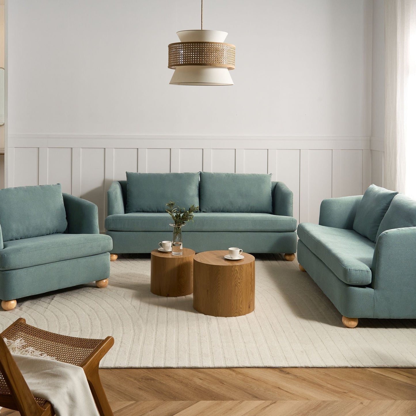 Astra Living Light Green 6 Seater Sofa Set With Round Wooden Legs