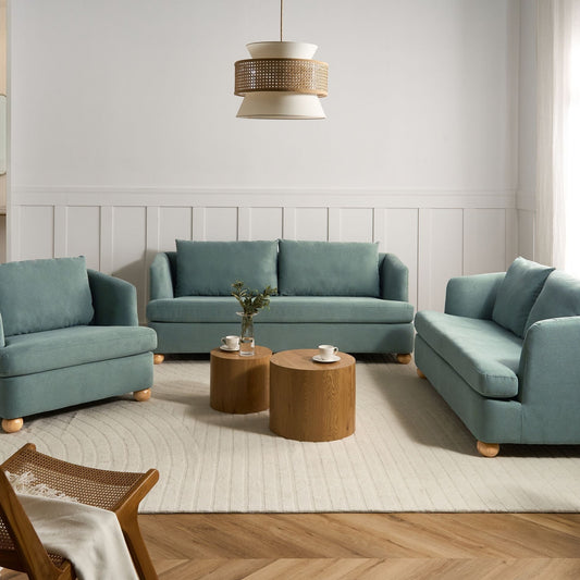 Astra Living Light Green 6 Seater Sofa Set With Round Wooden Legs