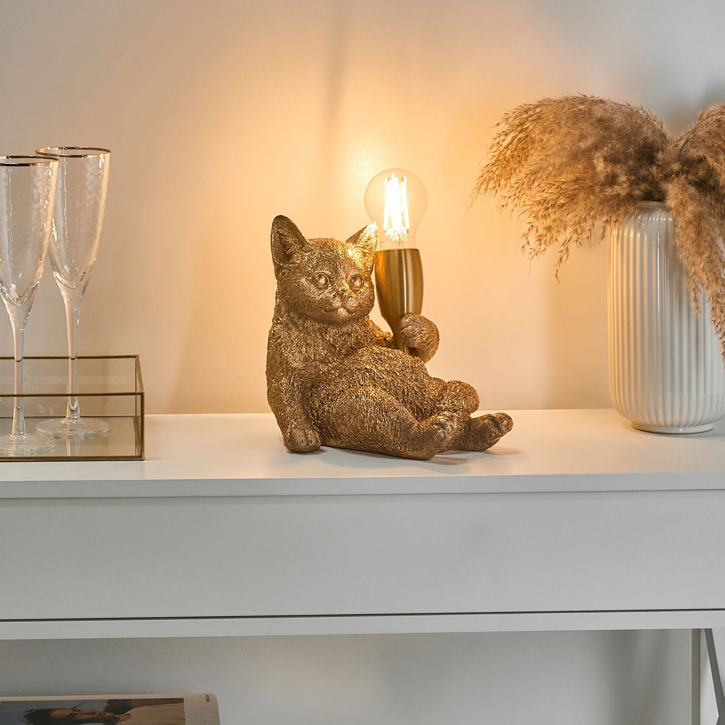 Table Lamp Gold Polyresin Kitten Shape Bedside Light