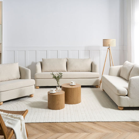 6 Seater Living Room Set Off White Boucle Upholstery With Round Wooden Legs
