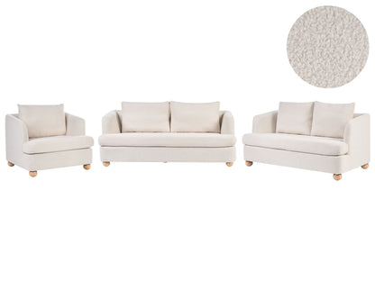 6 Seater Living Room Set Off White Boucle Upholstery With Round Wooden Legs