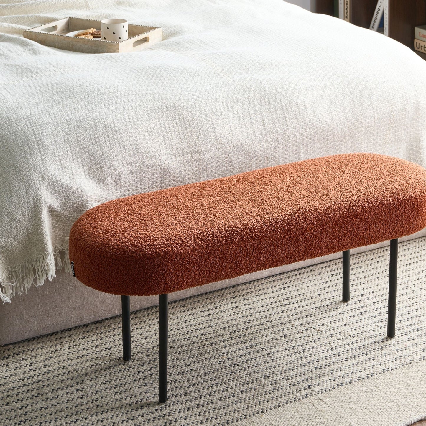 Golden Brown Boucle Bench With Metal Legs Oval Seat Cottage Retro Living Room
