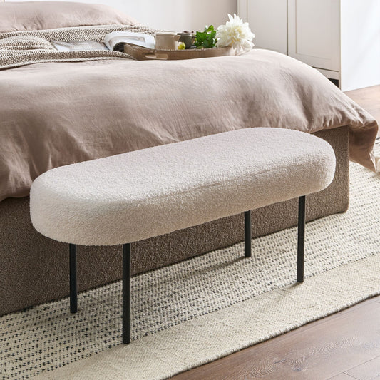 Bench Off-White Boucle Oval Seat With Metal Legs