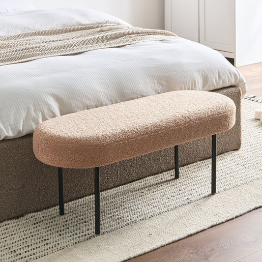 Light Brown Boucle Upholstered Bench With Metal Legs Oval Seat Cottage Retro Living Room