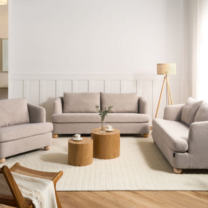 6 Seater Living Room Set Beige Boucle Upholstery Round Wooden Legs Armrests Sofa And Armchair Modern