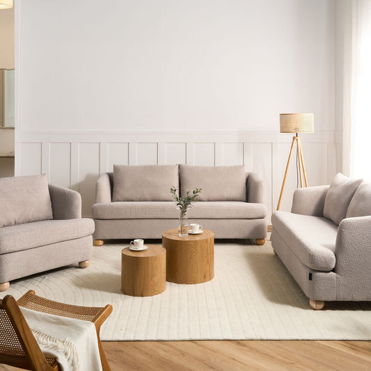 6 Seater Living Room Set Beige Boucle Upholstery Round Wooden Legs Armrests Sofa And Armchair Modern