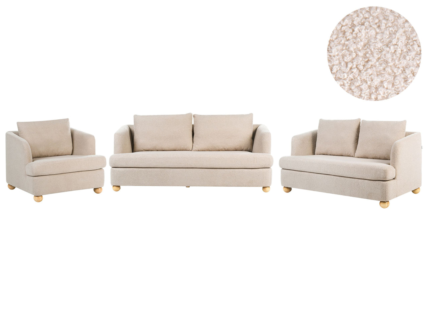 6 Seater Living Room Set Beige Boucle Upholstery Round Wooden Legs Armrests Sofa And Armchair Modern