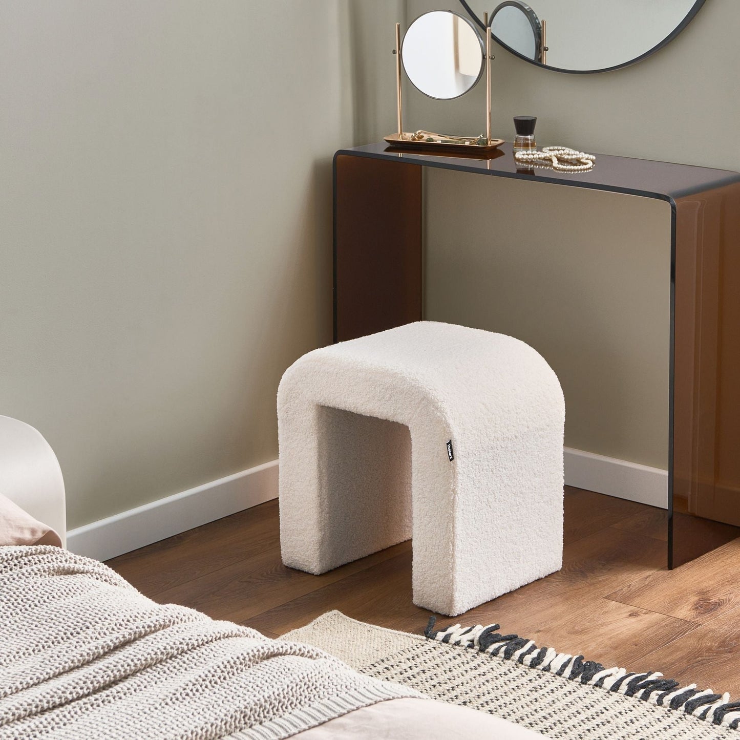 Elegant Off White Boucle U Shaped Pouffe Ottoman