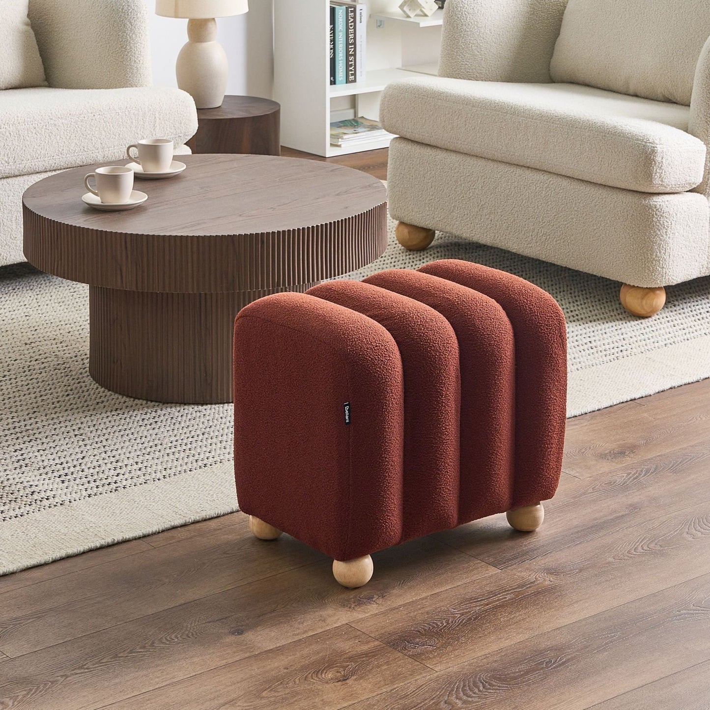 Boucle Teddy Pouffe Golden Brown With Wooden Legs