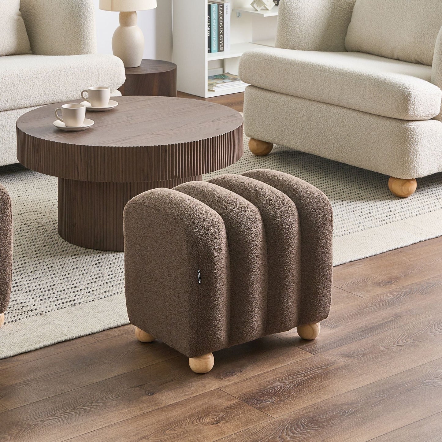 Pouffe Brown Boucle Teddy Ottoman With Wooden Legs