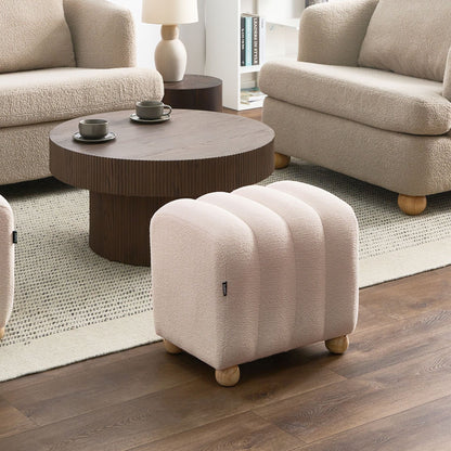 Boucle Teddy Pouffe Off White Round Wooden Legs Modern Upholstered Ottoman For Living Room Accent