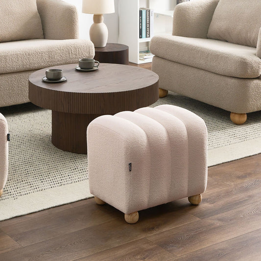 Boucle Teddy Pouffe Off White Round Wooden Legs Modern Upholstered Ottoman For Living Room Accent