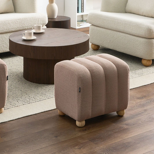 Pouffe Beige Boucle Ottoman With Wooden Legs