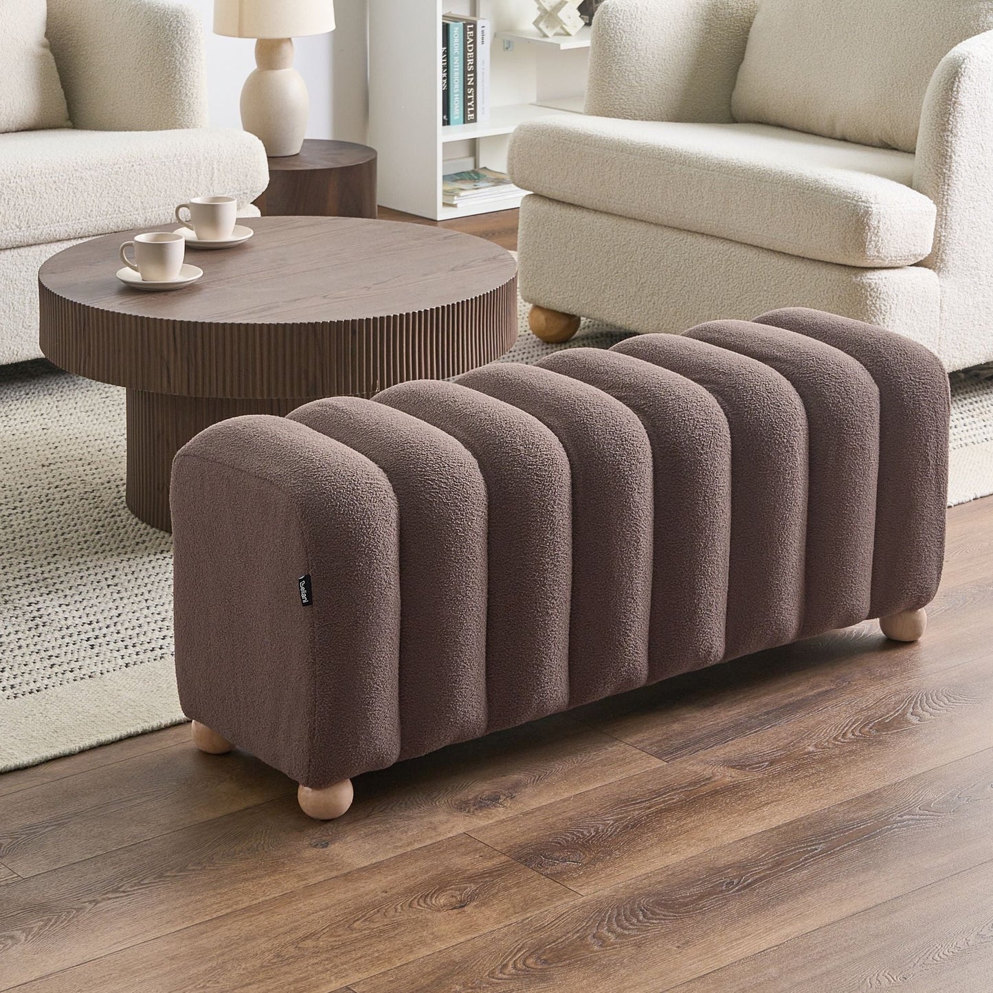 Bed Bench Brown Boucle Upholstered With Wooden Legs
