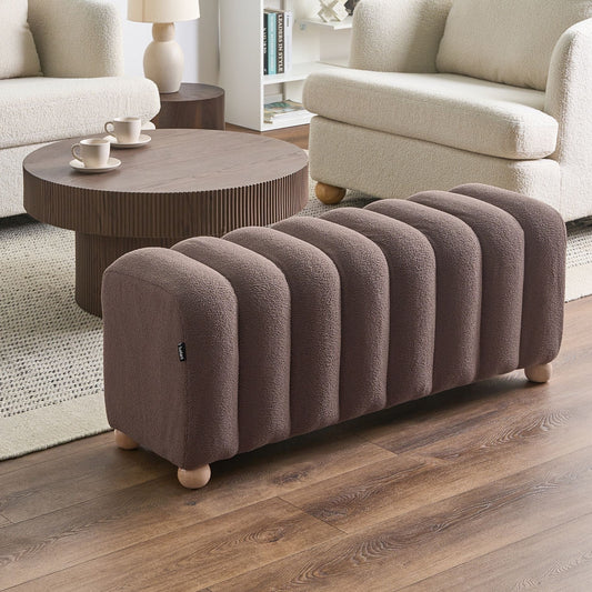 Bed Bench Brown Boucle Upholstered With Wooden Legs