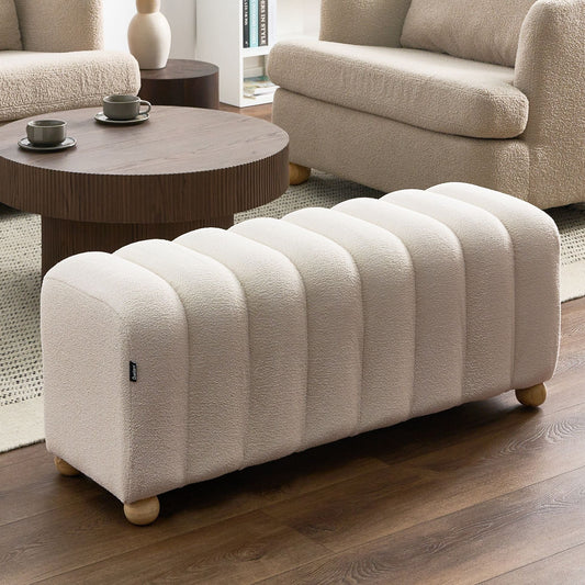 Bed Bench Off White Boucle Teddy Upholstery With Round Wooden Legs Modern Living Room Accent