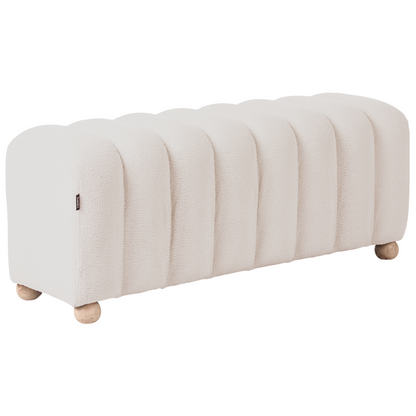 Bed Bench Off White Boucle Teddy Upholstery With Round Wooden Legs Modern Living Room Accent