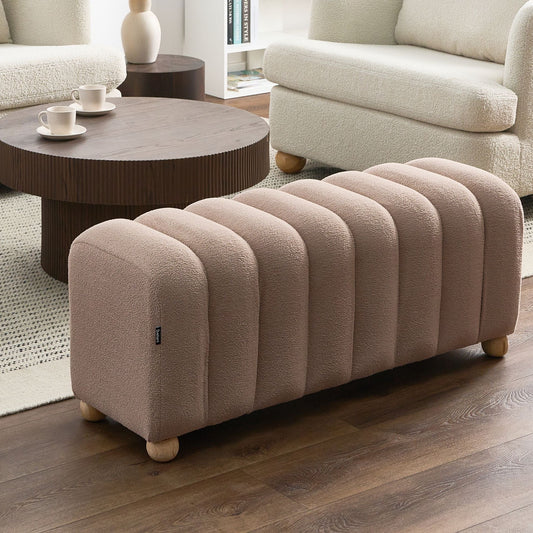 Bed Bench Beige Boucle Teddy Upholstery With Round Wooden Legs Modern Design Pouffe Ottoman