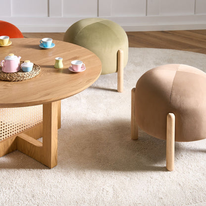 Velvet Stool Beige Pouffe With Wooden Legs Modern Design