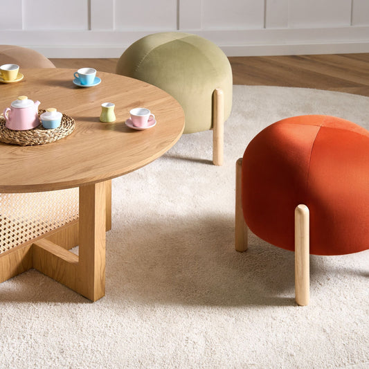 Velvet Stool Orange Round Ottoman With Wooden Legs Modern Living Room Pouffe