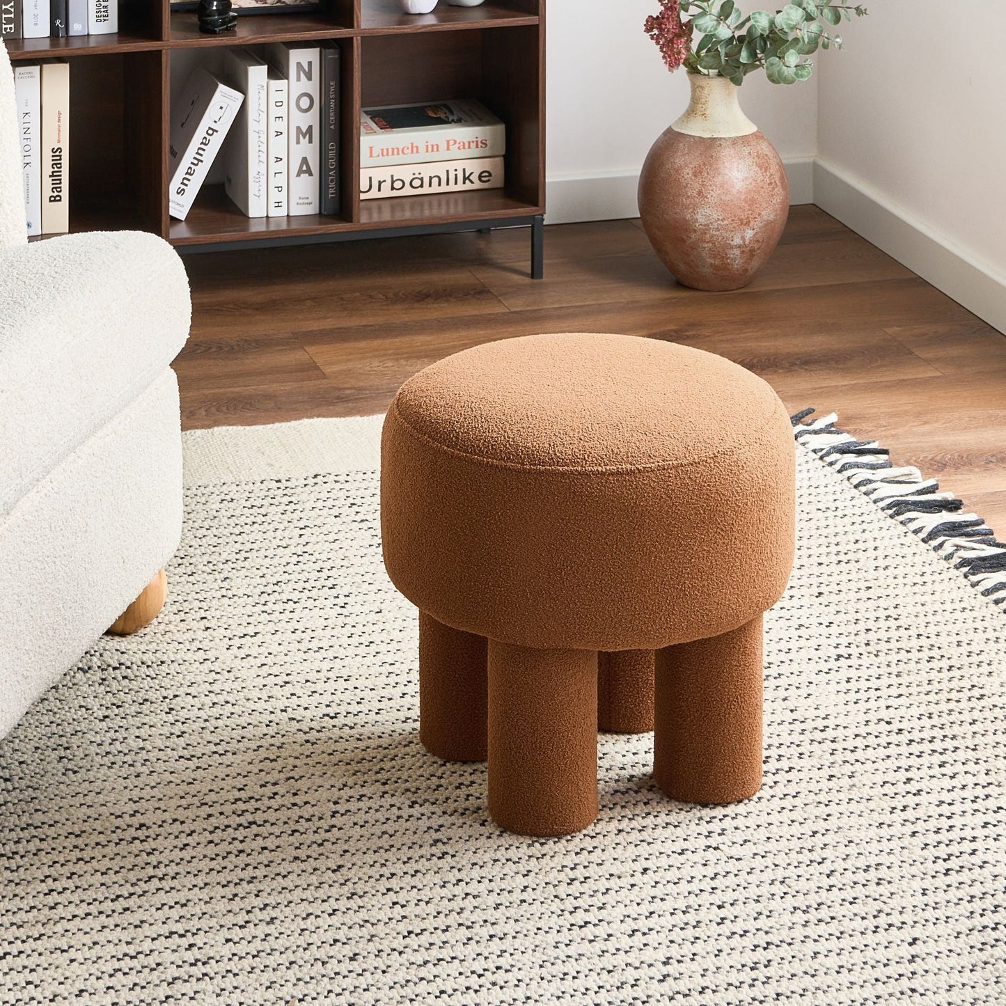 Boucle Orange Footstool Pouffe With Upholstered Legs Modern Design Living Room Ottoman