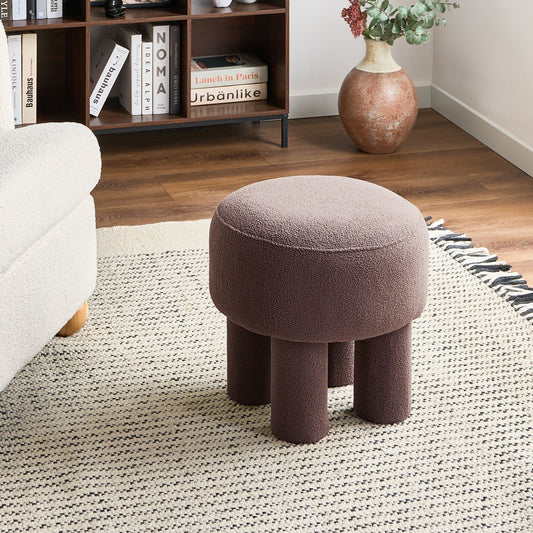 Brown Boucle Footstool Pouffe With Upholstered Legs