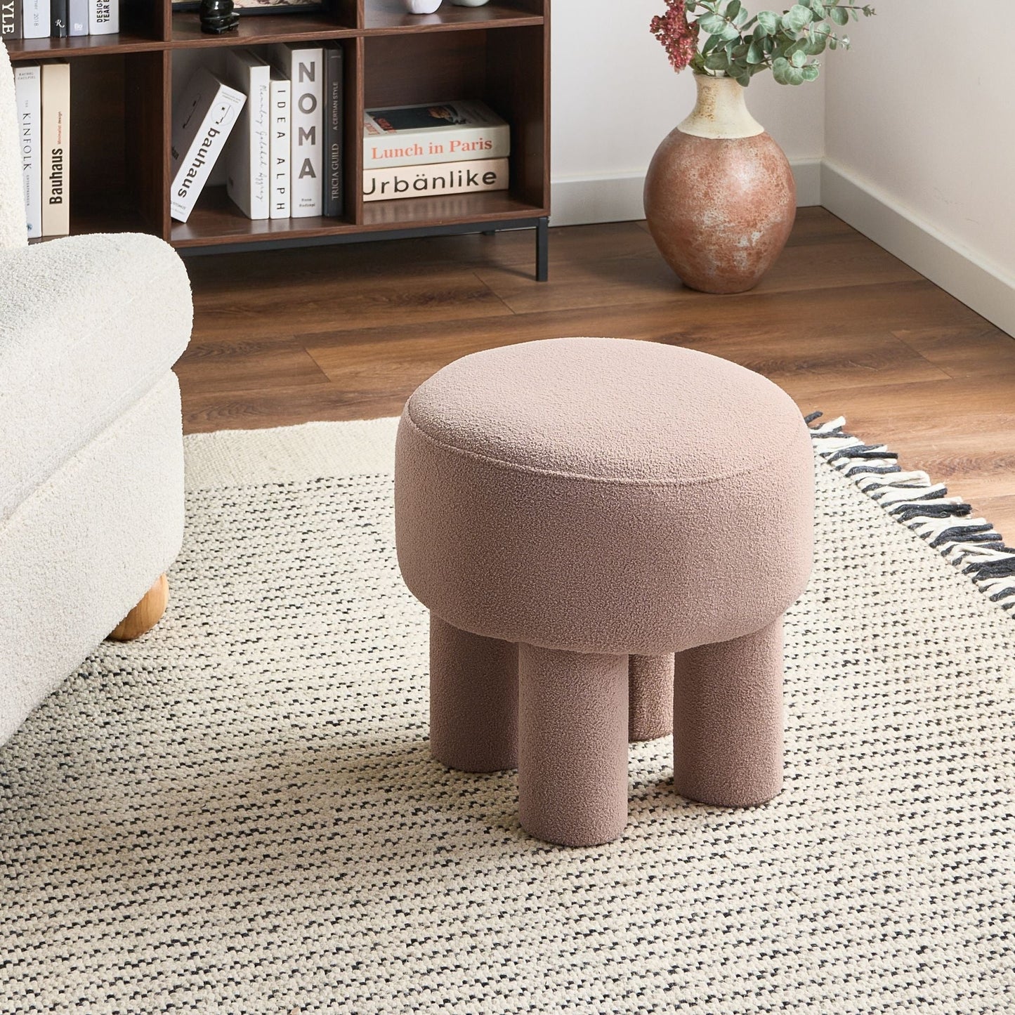 Beige Boucle Footstool Pouffe With Upholstered Legs