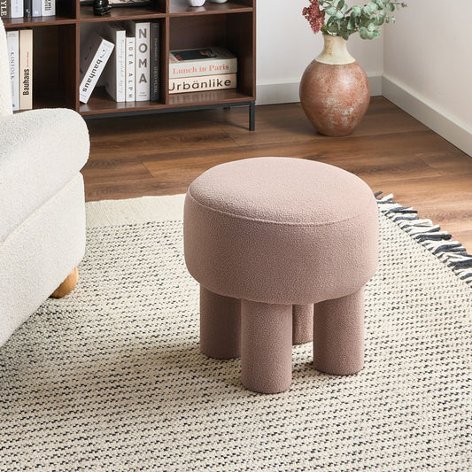 Beige Boucle Footstool Pouffe With Upholstered Legs
