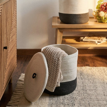 Boho Accessories Set Of 2 Grey And White Cotton Laundry Bins With Lids For Stylish Home Organization
