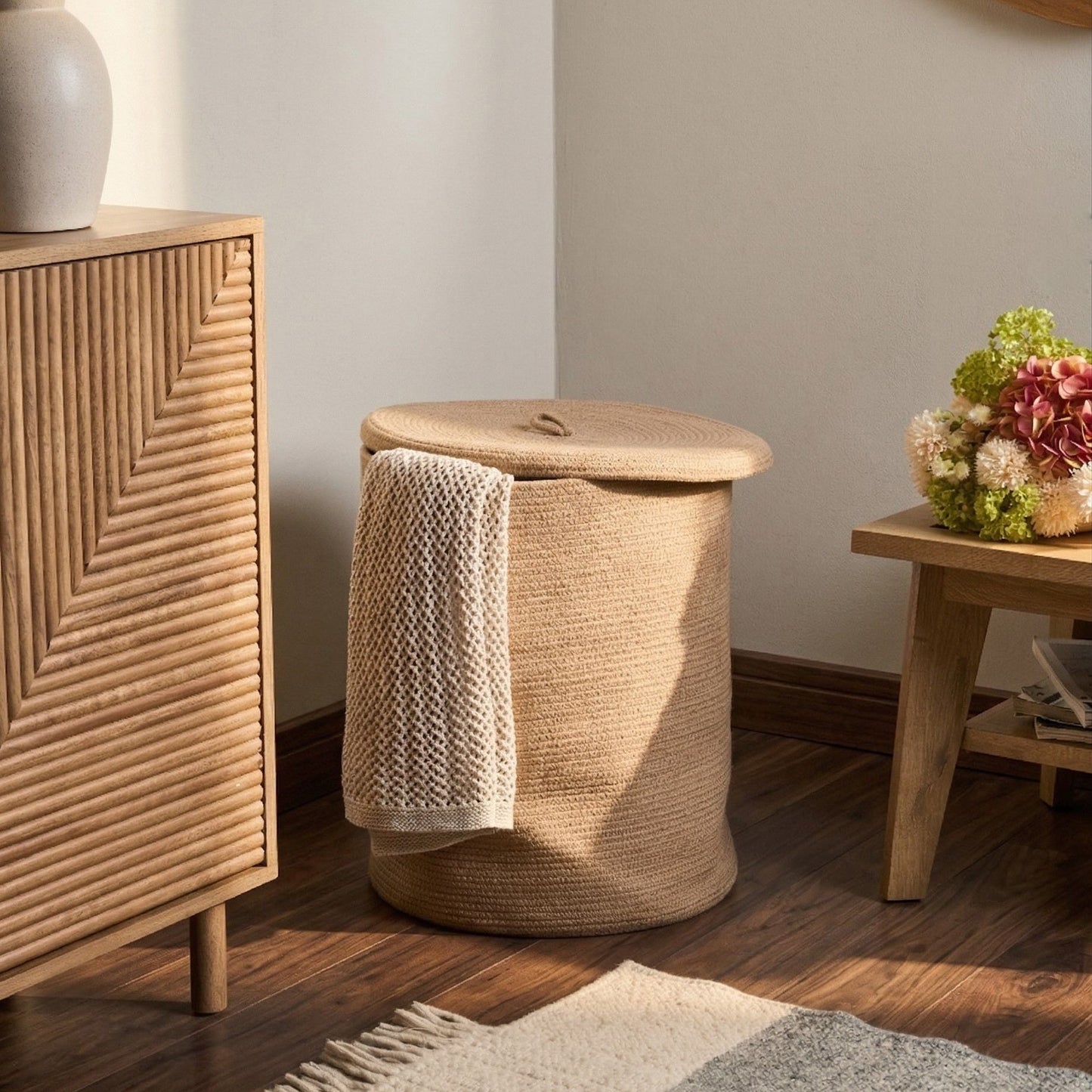 Storage Basket Beige Cotton With Lid Laundry Bin