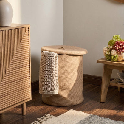 Storage Basket Beige Cotton With Lid Laundry Bin
