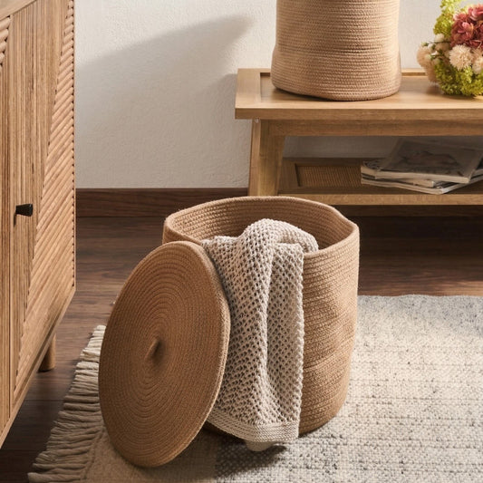 Boho Beige Cotton Laundry Basket Set Of 2 With Lid