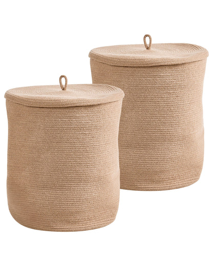 Boho Beige Cotton Laundry Basket Set Of 2 With Lid
