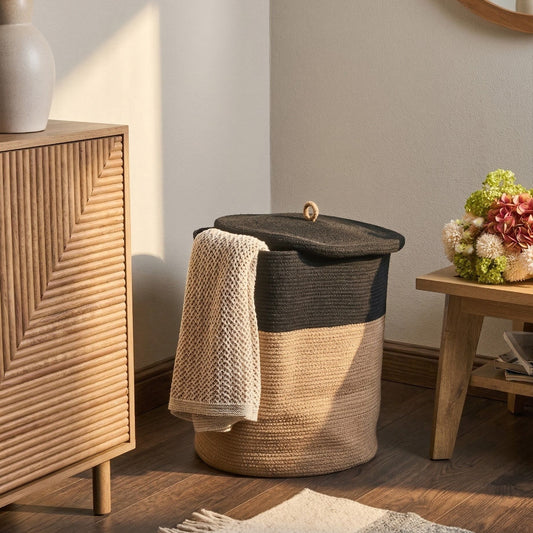 Cotton Storage Basket With Lid Black Beige