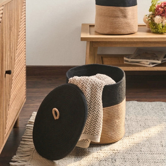 Set Of 2 Cotton Laundry Baskets With Lids Black And Beige