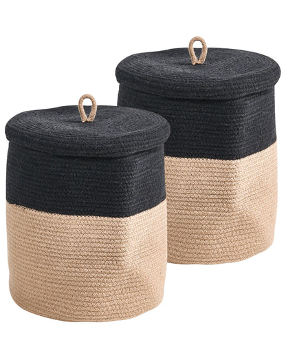 Set Of 2 Cotton Laundry Baskets With Lids Black And Beige