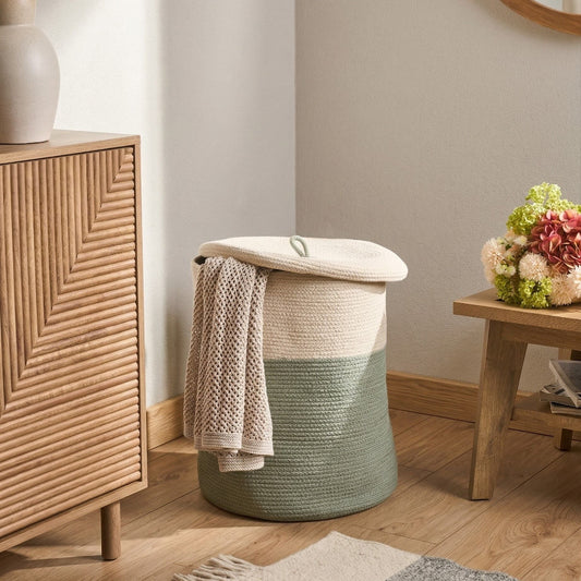 Storage Basket With Lid Light Beige And Green Cotton Laundry Bin For Home Organization